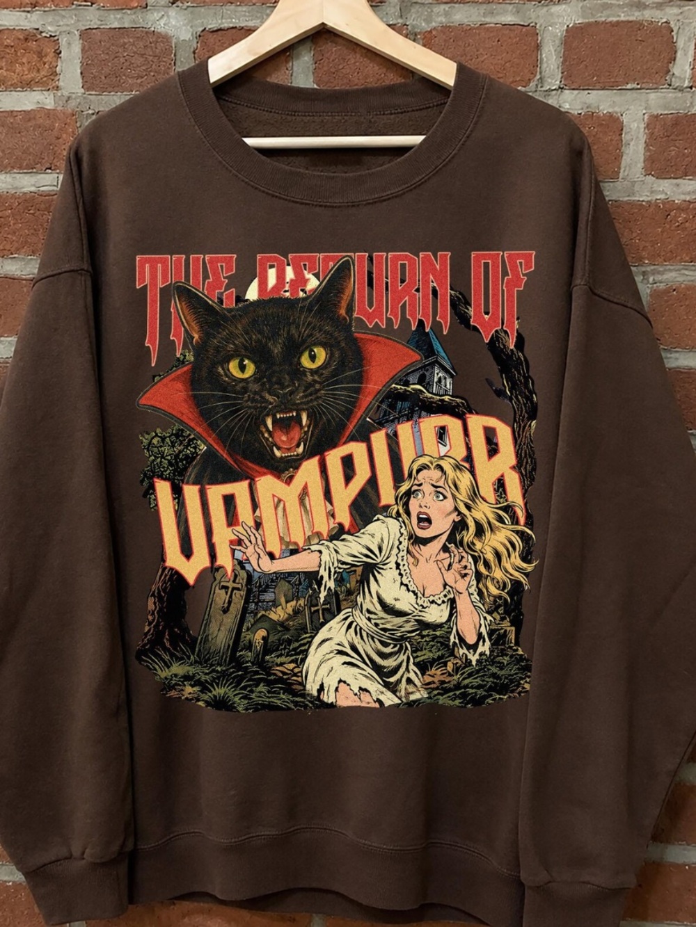 DarkChocolate Short Sleeve Tee with Black Cat Vampire Graphic and Orange Accents